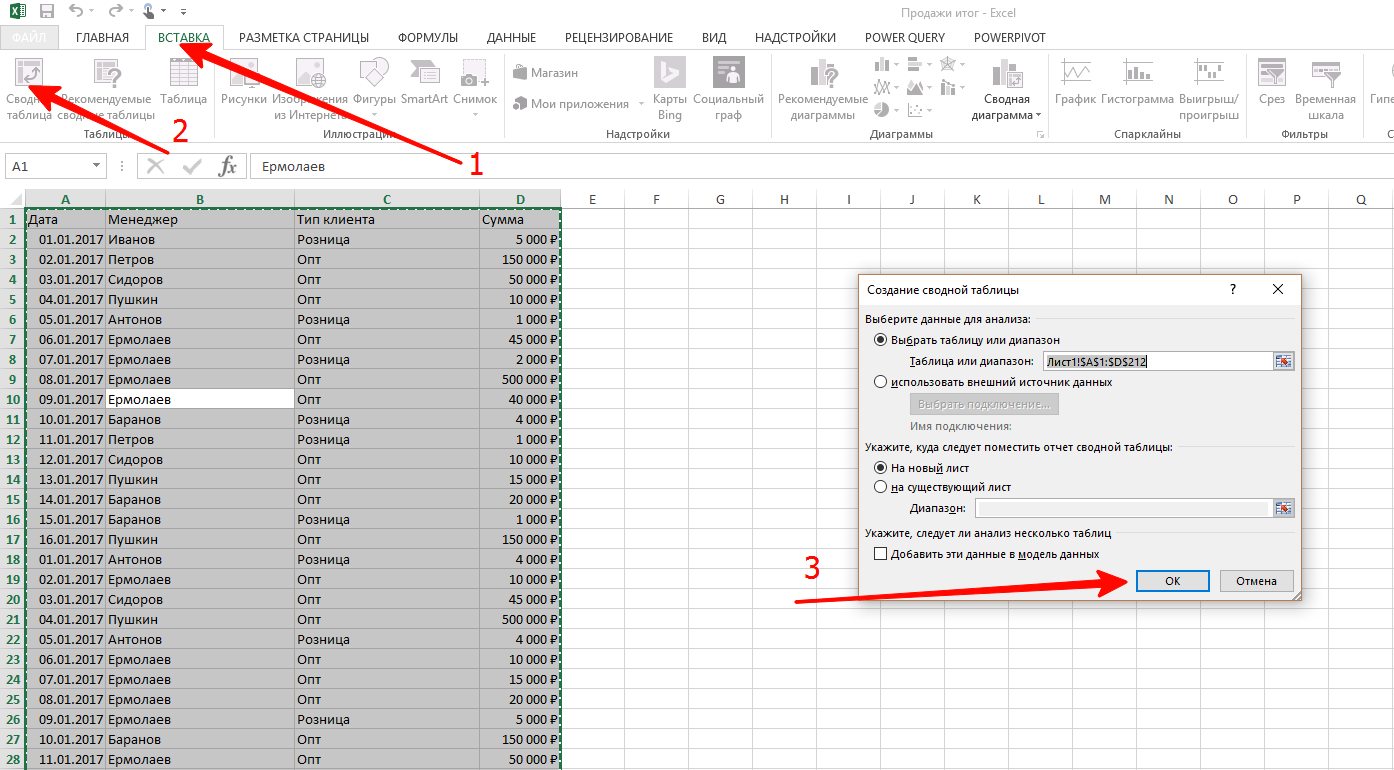 Создание сводной таблицы в Excel