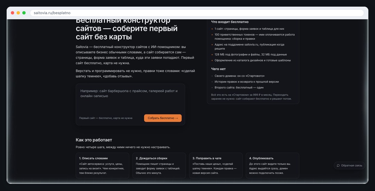 Что входит в бесплатный тариф Saitovia: сайт, токены, адрес, место под файлы и шаблоны