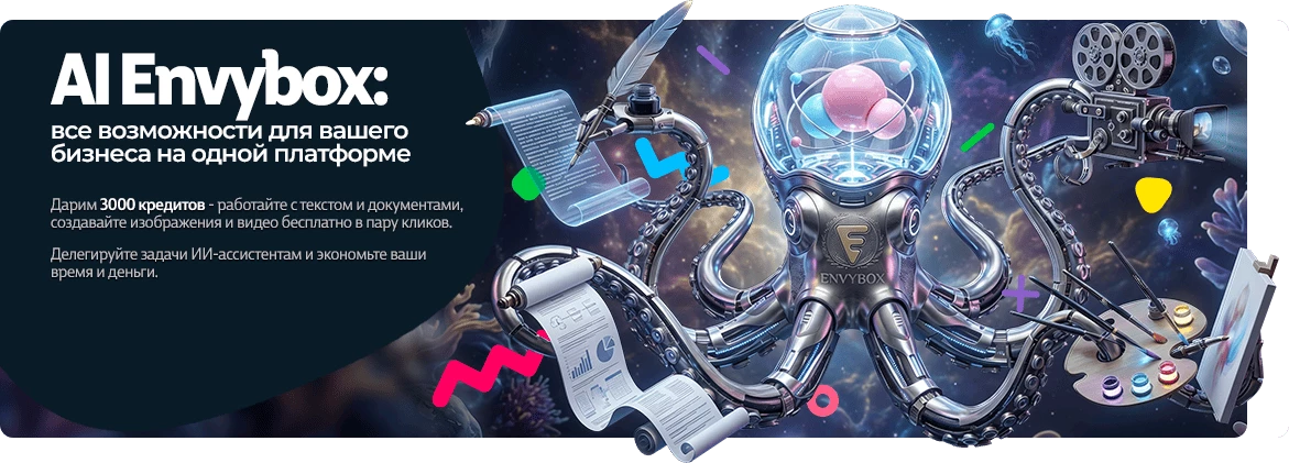 AI Envybox: все возможности для вашего бизнеса на одной платформе. Дарим 3000 кредитов - работайте с текстом и документами, создавайте изображения и видео бесплатно в пару кликов. Делегируйте задачи ИИ-ассистентам и экономьте ваши время и деньги.
